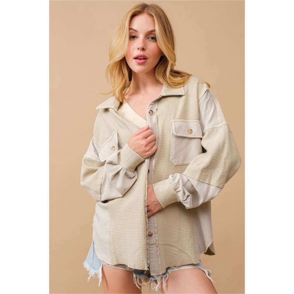 NEW Oversized Washed French Terry Waffle Mix Button Up Knit Shirt Jacket